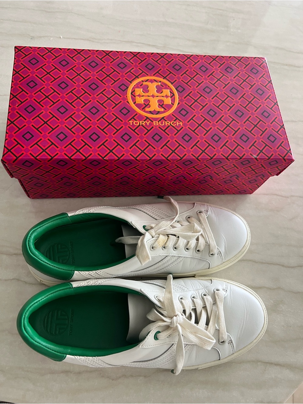 Tory Burch White Leather Sneakers with Green Heel and Insole